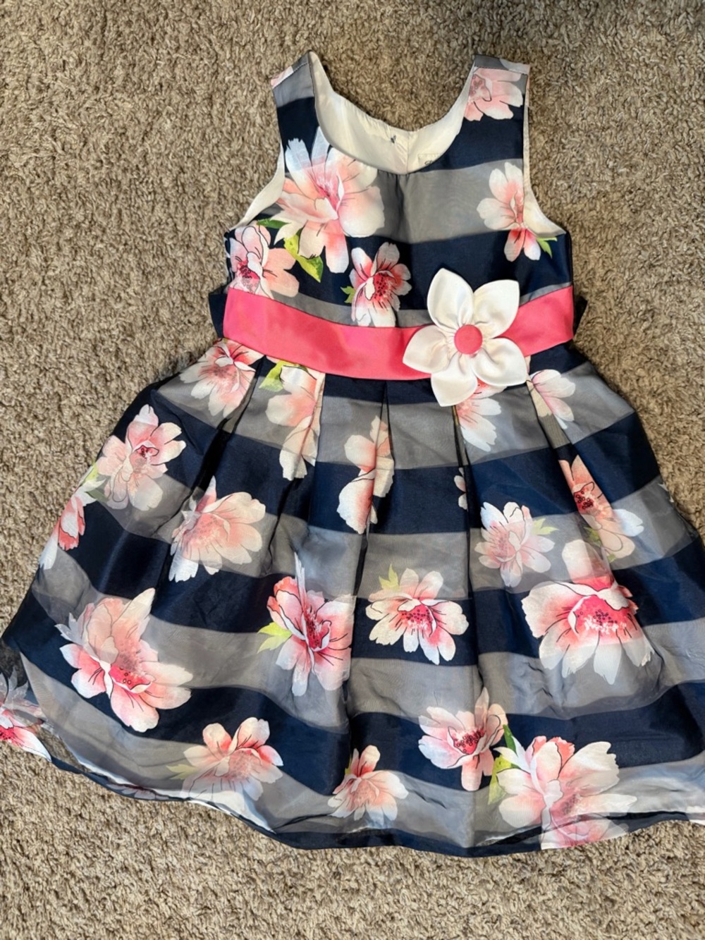 Jona Michelle Navy Floral Dress with Pink Sash and Flower Accent